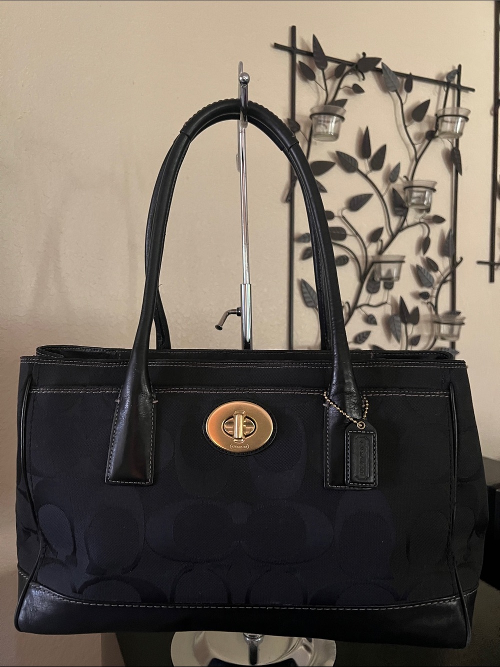 Coach Black Signature Canvas Shoulder Tote with Gold Turnlock